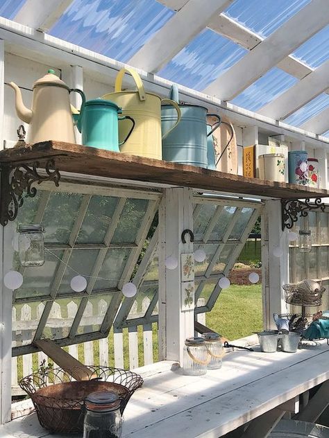 Old Window Potting Shed, Diy Greenhouse Shelves Potting Benches, Greenhouse Addition To Shed, Green Potting Shed, Greenhouse Made From Old Windows Diy, Potting Area Ideas Spaces, Cottage Greenhouse Ideas, Garden Potting Shed Ideas, Diy Potting Shed Ideas