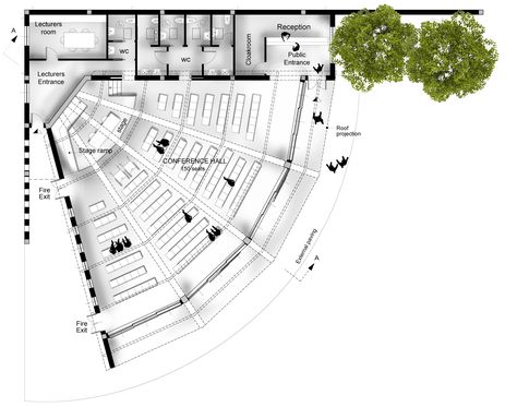 The Conference Hall is located in the countryside near Oristano, Italy and is included in a wide group of buildings and facilities dedicated to inmates on probation.It has 150 available seats and consists of the conference hall and related services such … Auditorium Plan, Hall Design Ideas, Amphitheater Architecture, Church Building Plans, Auditorium Architecture, Church Design Architecture, Auditorium Design, Meeting Hall, Hotel Floor Plan