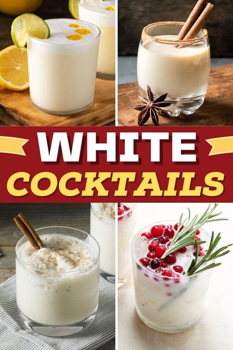 In a world full of colorful drinks, these white cocktails will fit any occasion. And from coconut and white chocolate to banana, they're beyond delish! White Christmas Alcoholic Drink, White Tequila Drinks, White Holiday Drinks, White Drinks Alcohol, White Christmas Drinks For Adults, White Drinks Non Alcoholic, Cocktails With White Wine, Milk Cocktail Recipes, White Holiday Cocktails