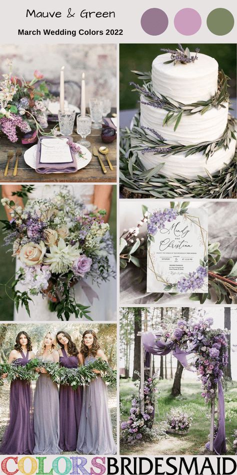 Top 8 March Wedding Color Combos for 2022 - ColorsBridesmaid March Wedding Colors, Lilac Wedding Themes, Lavender Wedding Colors, Lavender Wedding Theme, Sage Green Wedding Colors, Wedding Theme Color Schemes, Purple And Green Wedding, Wedding Color Palettes, Wedding Color Pallet