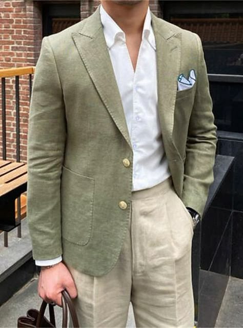 Mens Summer Blazer Outfit, Outdoor Groomsmen Attire, Garden Wedding Attire Men, Linen Jackets For Men, Green Casual Suit Men, Men Spring Wedding Guest, Mens Summer Suits Wedding, Two Tone Suit Men, Garden Party Mens Attire