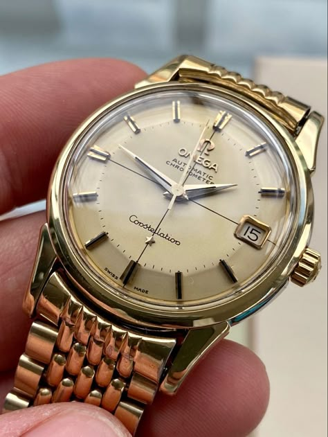 Omega Constellation Automatic Pie Pan vintage Gold Bracelet Men, Mens Watches Expensive, Casio Vintage Watch, Omega Watch Vintage, Vintage Gold Watch, Vintage Gold Bracelet, Jaeger Lecoultre Watches, Mens Watch Brands, Mens Designer Watches