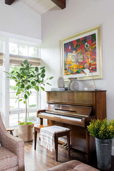 Shorewood — Ricki Stevens Design Living Room Decor With Piano, Small Piano Room, Piano Nook, Piano Space, Piano Room Design, Family Music Room, Piano Corner, Piano Styling, Stylish Apartment Decor