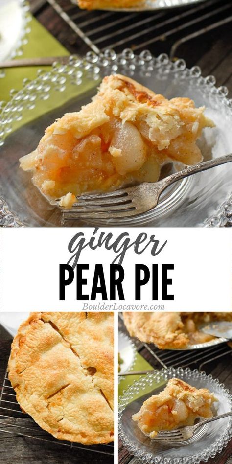 This pie is so good! Wonderful fall flavors, fresh pears, warming spices. Perfect for Thanksgiving, Christmas or any meal. #pie #pear #dessertrecipe Thanksgiving Truffles, Apple Pear Pie, Pear Tarts, Pear Pie Recipe, Ginger Pear, Pear Pie, Pear Dessert, Einkorn Flour, Pie Pops