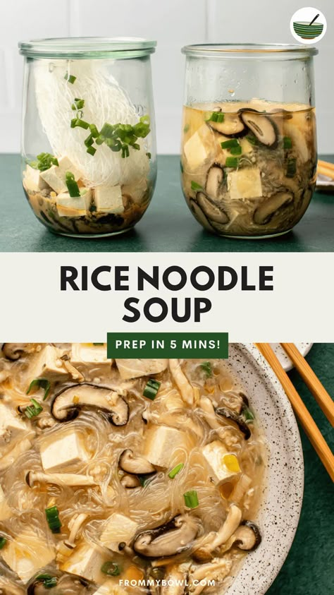 This easy ​​Rice Noodle Soup combines mushrooms, tofu, and rice noodles in a comforting miso broth for the ultimate feel-good meal. Make it ahead of time for healthy lunches or enjoy it fresh! Vegan, Nut-Free, Gluten-Free option. Rice Noodle Miso Soup, Healthy Rice Noodle Soup, Soups With Rice Noodles, Rice Noodle Lunch Ideas, Easy Rice Noodle Soup, Rice Noodle Soup Recipes, Vegan Rice Noodle Recipes, Rice Noodle Recipes Soup, Easy Rice Noodle Recipes