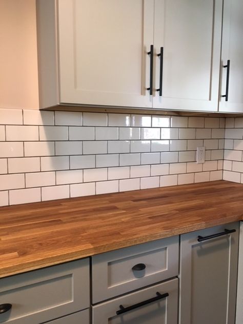 Backsplash With Butcher Block Counters, Solid Surface Countertop, 2024 Bathroom, Makeover Bathroom, Butcher Block Countertop, Organization Bathroom, Inspiration Bathroom, Subway Tile Backsplash, Remodel Bathroom