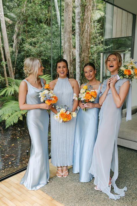 Bridesmaids Same Color Different Dress, Same Dress Bridesmaids, Less Formal Bridesmaid Dresses, Bermuda Bridesmaid Dresses, All Blue Bridesmaid Dresses, Tropical Color Bridesmaid Dresses, Ombre Blue Bridesmaid Dresses, Different Blues Bridal Party, Florida Bridesmaid Dresses