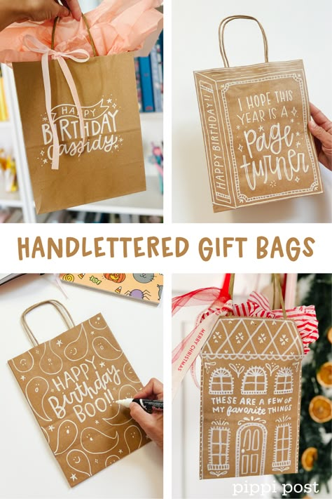 Blog: Handlettered Gift Bag Supplies - Pippi Post Gift Bag Crafts, Gift Bag With Ribbon, Present Bags Ideas, Teacher Gift Wrapping Ideas, Reusable Gift Bags Diy, Decorate Gift Bags Diy, Pretty Gift Wrapping Ideas Birthday, Decorate Brown Paper Bag For Christmas, Craft Wrapping Paper Ideas