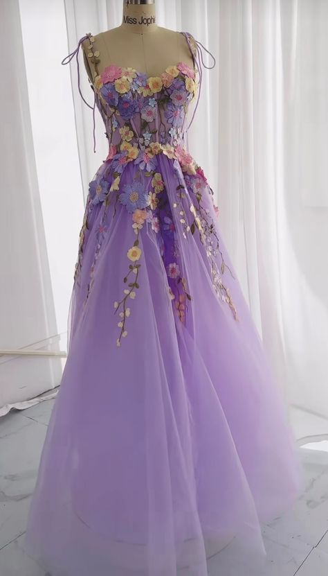 Purple Flowery Dress, Rapunzel Aesthetic Dress, Tangled Sweet 16 Theme Dress, Tangled Dress Inspired Outfits, Rapunzel Sweet 16 Dress, Rapunzel Inspired Prom Dress, Tangled Inspired Dress, Rapunzel Dress Inspired, Purple Gown For Debut