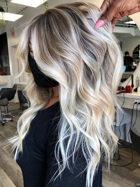 Bright Blonde Balayage with Waves Brown To Blonde Color Melt Long Hair, Winter Blonde Ombre, Hair Ideas Blonde Balayage, Rooted Icy Blonde Hair, Buttery Blonde Hair Balayage Dark Roots, Ashy Cool Blonde Balayage Ombre, Platinum Blonde Lived In, Balayage Hair Bright Blonde, Dark Root Dimensional Blonde