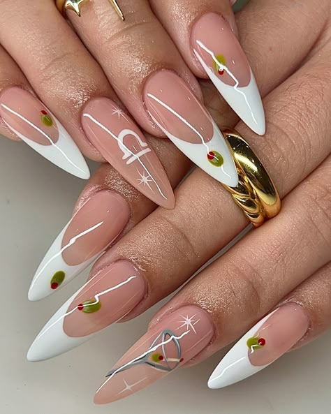 a tini bit older 🍸🫒 . . . #nails #nailart #nailinspo #naildesign #handdrawn #miami #miamigardens #miamilakes #hialeah #wynwood #doral #miramar #pembroke #nailtech #nailartist #gelx #gelextensions #apres #naturalnails #overlay #structuredmani #watchmework #beforeandafter #nailsofinstagram #305 #martini #french #olive #libra Martini Nails Designs, Olive Nail Art, 21st Nails, 21 Birthday Nails, Casino Nails, Libra Nails, Bachelorette Nails, White Nail Inspo, Martini Nails