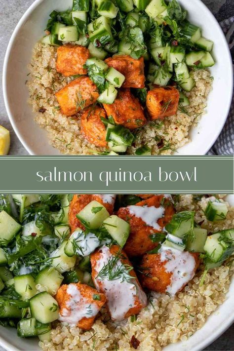 Ready in under 30 minutes, this salmon quinoa bowl is perfect for a quick, easy, and healthy dinner. Filled with protein, complex carbohydrates, and healthy fats, these bowls are sure to fill you up without forgoing flavor. Salmon With Salad Dinners, Easy Meal Prep Ideas Pescatarian, Salmon Kale Quinoa Bowl, Easy Salmon Meal Prep, Smoked Salmon Quinoa Bowl, Mediterranean Salmon Quinoa Bowl, Salmon Bowl Quinoa, Salmon With Couscous Recipes, Salmon Snack Ideas