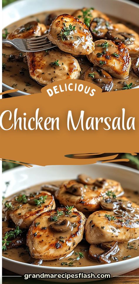 This classic Chicken Marsala recipe is a delicious, comforting dish featuring tender chicken breasts cooked in a flavorful mushroom and Marsala wine sauce. Perfect for a fancy dinner or a weeknight treat, it’s sure to become a family favorite! Pair with mashed potatoes, pasta, or steamed veggies for a complete meal Marcella Chicken Recipe, Chicken Marsala Sauce, Different Chicken Recipes, Fancy Meals, Chicken Marsala Recipe, Chicken Marsala Easy, Marsala Recipe, Cottage Bakery, Low Fat Dinner