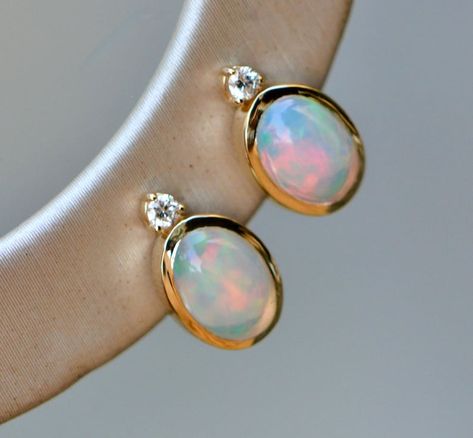 Genuine White Ethiopian Opal Diamond Stud Earrings 14k Gold, October Birthstone Post Earring, Small Dainty Stud Earring, Minimalist Jewelry - Etsy South Africa Opal And Diamond Earrings, Opal Stone Earrings, Opal Jewelry Earrings, Ethiopian Opal Earrings, Ear Tops, Opal Earring, Faberge Jewelry, Pendant Ideas, Diamond Tops