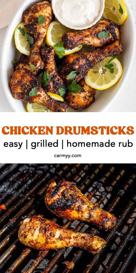 With a simple and flavorful homemade seasoning rub, these grilled chicken drumsticks come together so easily and quickly. With crispy, golden skin and fall-off-the-bone meat, these drumsticks will be the star of the show. You’ll definitely want to make this chicken drumsticks recipe for your next BBQ!  Crispy on the outside and tender on the inside, these healthy grilled chicken drumsticks are the perfect way to kick off your summer grilling seasoning! Grilled Drumsticks Recipes, Grilling Drumsticks, Drumstick Seasoning, Bone In Grilled Chicken Recipes, Bbq Drumsticks Grilled, Drumstick Marinade Grilled, Grilled Drumsticks Marinade, Drum Stick Recipes Grilled, Grilled Chicken Leg Recipes