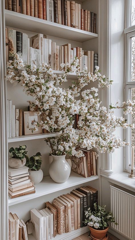 Library White Bookshelves, White Library Aesthetic, White Bookshelf Aesthetic, Pretty Bookshelves, Bookshelves Aesthetic, Aesthetic Bookshelf, Recipe Planner, Bookshelf Aesthetic, Beautiful Bookshelf