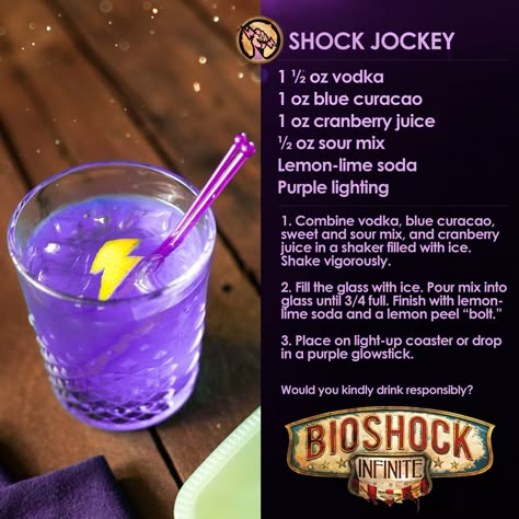 Shock Jockey - Bioshock Infinite Yellow Cocktails, Yellow Drinks, Bartender Drinks Recipes, Christmas Drinks Alcohol Recipes, Yellow Lightning, Bartender Drinks, Alcholic Drinks, Cocktail Drinks Alcoholic, Midnight Moon