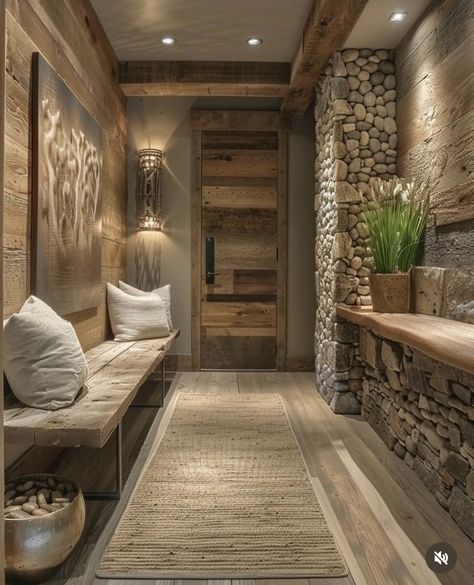 Hallway Design Ideas, Entrance Foyer Design, Hallway Seating, Rustic Hallway, Mountain Home Exterior, Hallway Colours, Chalet Design, Narrow Hallway Decorating, Contemporary Light Fixtures