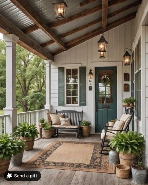 Farmhouse Exterior Small House, Small Veranda Ideas Front Doors, Rustic Patio Decorating Ideas Country Living, Porch Storage Ideas Outdoor, Porch Addition Ideas, Front Door Porch Ideas Entrance, Sunroom Rugs, Bungalow Front Porch Ideas, Farmhouse Patios