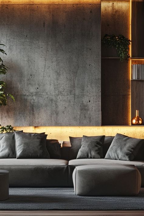 Add industrial elegance to your space with concrete finishes that balance texture and modernity. #ConcreteFinishes #ModernInteriors #IndustrialStyle Concreat Walls Texture, Concrete Industrial Interior, Concrete Walls Interior Living Room, Industrial Concrete Wall, Brutalism Interior, Fireplace Modern Design, Moody Design, Classy Rooms, Cozy Living Room Design