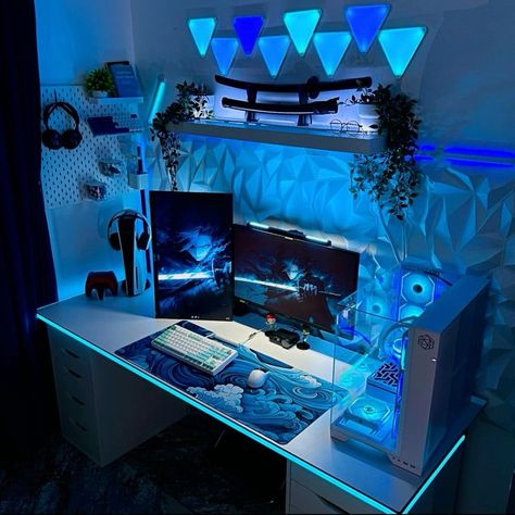 White And Blue Gaming Setup Aesthetic, 2 Desk Gaming Setup, Sky Blue Gaming Setup, Navy Blue Gaming Setup, White And Blue Setup, Cyan Gaming Setup, Ocean Themed Gaming Setup, Pc Gaming Setup Blue, Blue Gaming Room Setup