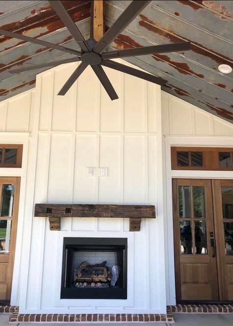 Board And Batten Outside House, Open Concept Foyer And Living Room, Farmhouse Ranch Style Homes Interior, House With Shop Next To It, Tin Roof Porch, Bourbon Basement, Bardominum Ideas, Alabama Farmhouse, Simple Barndominium Ideas