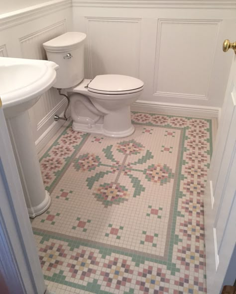 Bathroom Dado Tile, Stamped Tile Floor, Quilt Tile Floor Bathroom, Pretty Tile Floor, Vintage Mosaic Tile Floor, Cottage Tile Floor, Small Tile Floor, Bathroom Tile Vintage, Turn Of The Century Homes