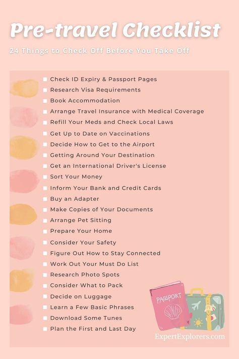 With your destination picked and flights booked; our pre-travel checklist gives you everything you need to prepare for your next trip. Useful for both domestic and international travel, these 24 essential things will help get you ready and organized for a great trip. Via ExpertExplorers.com | Travel Resources / Travel Planning Pre Travel To Do List, Packing For International Travel, International Trip Checklist, International Trip Packing List, Travel Preparation Checklist, Pre Trip Checklist, Pre Travel Checklist, International Travel Packing Checklist, International Travel Checklist