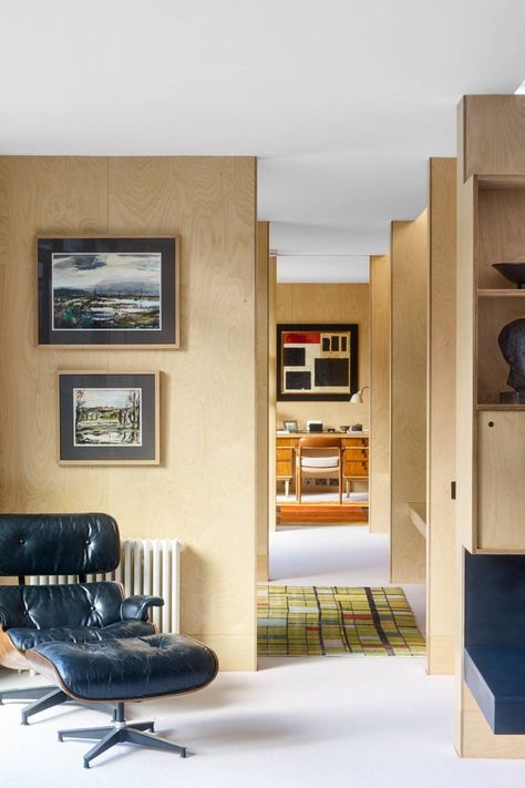 Plywood Wall Paneling, Eames Side Chair, Dark Wooden Floor, Larch Cladding, Plywood Walls, British Architecture, Timber Panelling, Oak Panels, London House