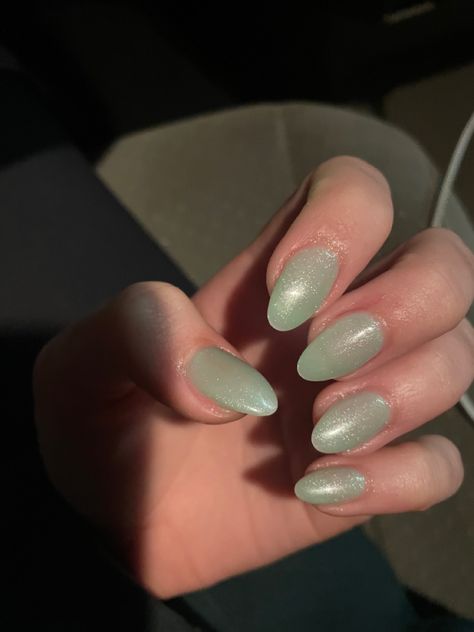 Pastel Green Glitter Nails, Light Green Pearl Nails, Celadon Nails, Sparkly Light Green Nails, Pearl Green Nails, Light Green Acrylics, Green Jade Nails, Green Pearl Nails, Prom Acrylic Nails