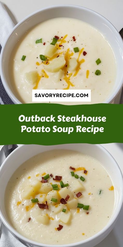 Enjoy the ultimate comfort food with Outback Steakhouse Potato Soup Recipe! This rich and creamy soup is loaded with hearty potatoes and garnished with bacon and cheese. Perfect for any occasion, this delightful recipe is sure to become a favorite in your soup collection! Outback Potato Soup Recipe, Outback Potato Soup, Steakhouse Potatoes, Savory Recipe, Bacon And Cheese, Outback Steakhouse, Potato Soup Recipe, Creamy Soup, Ultimate Comfort Food