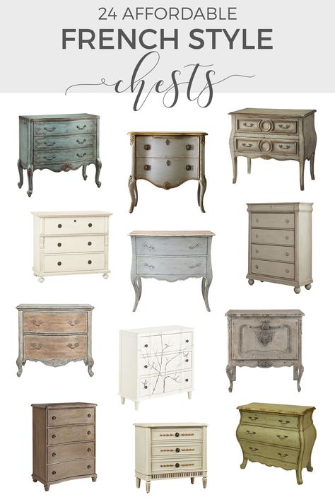 French Dressers | If you're looking for a French dresser with great style at a reasonable price, this shopping guide offers 24 affordable French style chests. -----> #dressers #frenchchests #chestofdrawers #frenchfurniture #frenchchestofdrawers #frenchstyledressers #paintedfurniture #affordabledresserideas #frenchfurnitureshoppingguide #vintagestylechestofdrawers #farmhousechestofdrawers #wheretobuyfrenchfurniture French Farmhouse Furniture, French Chest Of Drawers, French Dresser, Country Interior Design, Country Ideas, French Farmhouse Style, French Country Furniture, Modern French Country, French Farmhouse Decor