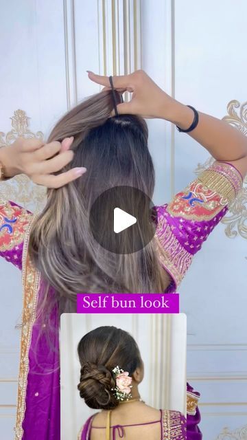 Rushi Patel |  Bridal Hairstylist | Makeup Artist on Instagram: "Self bun look .. . . . #rushipatelhairstylist #selfhair #selfhairstyle #selfbun #selfhaircut #selfhairdo #selfhairbun #selfhairstyle #selfcurls😍" Simple Jura Hair Styles, Hairstyle By Self, Hair Bun Styles With Saree, Prom Hair Braids, Self Hairstyle, Curls For Prom, Braided Prom Hairstyles, Festival Hair Braids, Self Haircut