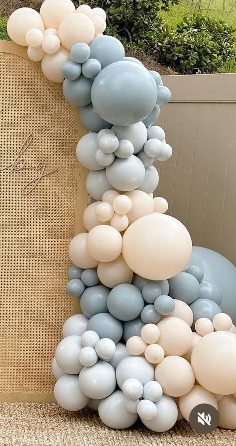 Blue And Tan Balloon Arch, Blue And Cream Balloon Arch, Blue Baby Shower Balloon Arch, Gender Neutral Balloon Arch, Gender Reveal Arch Balloons, Neutral Blue Baby Shower Ideas, Ivory Baby Shower Ideas, Classy Baby Boy Shower Ideas, Blue Safari Baby Shower Boy