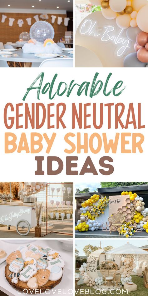 Collage of gender neutral baby shower ideas and themes. Baby Shower Color Themes, Rustic Baby Shower Ideas, Neutral Baby Shower Themes, Spring Baby Shower Themes, Summer Baby Shower Themes, Mama To Bee, Gender Neutral Baby Shower Themes, Gender Neutral Baby Shower Ideas, Color Scheme Inspiration