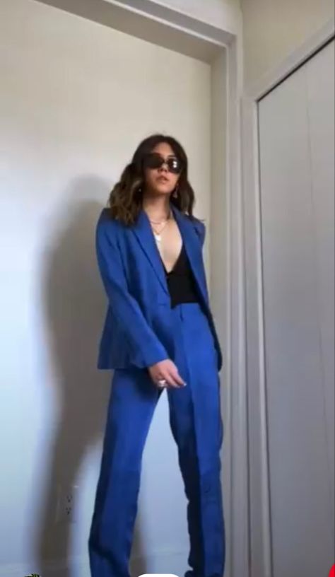 Blue Suit Women Aesthetic, Formal Suits For Women Blue, Blue Wedding Suit Women, Woman In Blue Suit, Blue Prom Suit Women, Fem Suit Aesthetic, Jumpsuits For Women Prom, Women In Blue Suits, Prom Suits Women Aesthetic