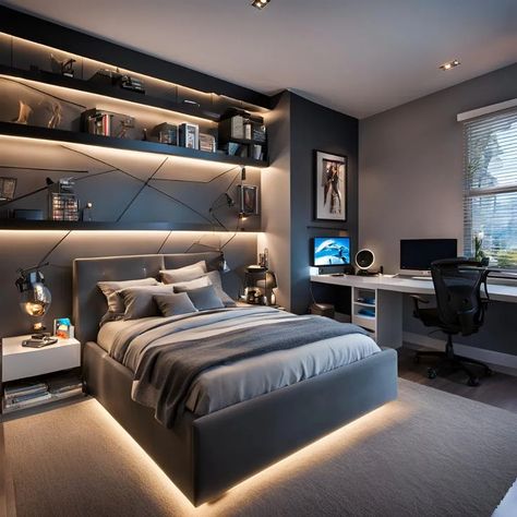 Boys Furniture Bedroom, Boys Room Black Furniture, Gamer Teen Boy Bedroom, Grey Boys Bedroom Teenager, Teen Boy Bedroom Led Lights, Boy Bedroom Ideas Teen, Boys Teenage Room Ideas, Older Teen Boy Bedroom Ideas, Boys Bedroom Ideas Age 8-10