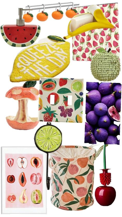 fruit theme bathroom decor Fruity Bathroom Decor, Fruit Interior Design, Fruit Themed Nursery, Fruit Themed Kitchen, Fruit Bathroom, Slytherin Decor, Fruit Nursery, Maximalist House, Fruit Aesthetic