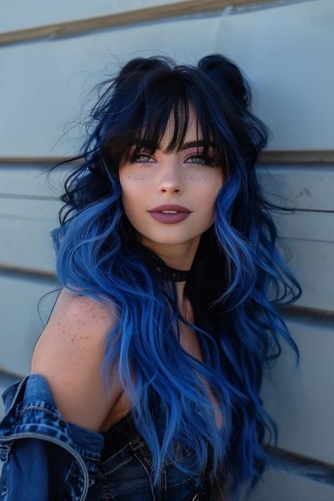 Hair Dye For Mexican Women, Dark Hair With A Pop Of Color, Makeup For Blue Hair, Blue Balayage Hair Brunettes, Blue Hair Bangs, Colorful Short Hair, Blue Hair Ideas, Purple And Blue Hair, Dyeing My Hair