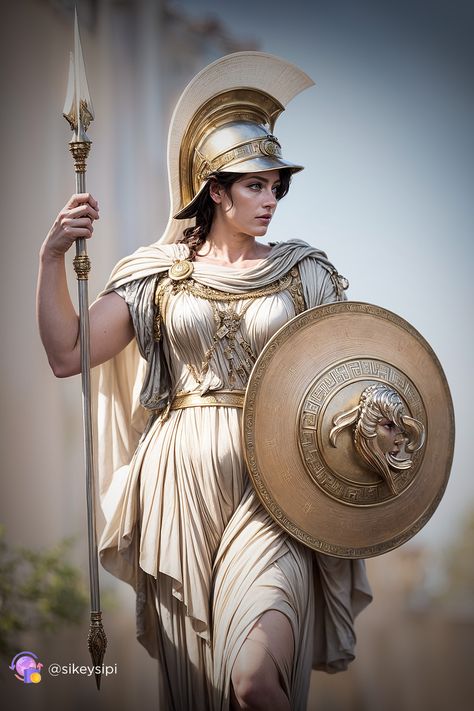 Athena: Embodiment of Wisdom and War Captured in full regalia, the goddess Athena stands as a symbol of ancient wisdom and strategic warfare, her eyes reflecting the foresight and knowledge that legends are made of. #ModernMythology #RegalPortraits #GoddessAthenaArt Athena Greek Goddess Art, Baywatch Outfit, Greek Mythology Athena, Athena Greek Goddess, Athena Goddess Of Wisdom, Greek Goddess Art, Ancient Greek Sculpture, Greek Mythology Gods, Goddess Athena