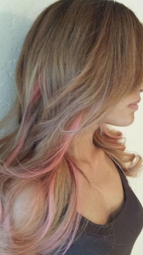 with pink peek a boos Pink And Lavender Hair, Lavender Hair Ideas, Brown Hair With Pink, Blonde And Pink, Pink Hair Highlights, Blonde Hair With Pink Highlights, Peekaboo Highlights, Pink Blonde Hair, Peekaboo Hair