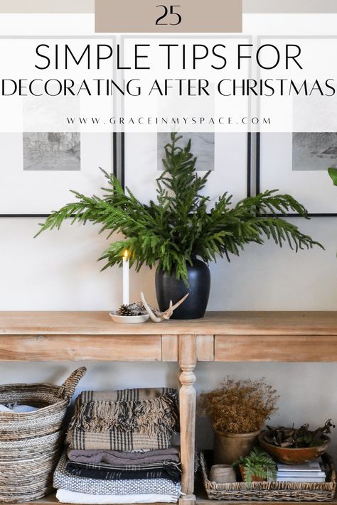 Winter decor can feel bland after a full house for the holidays. It can be jarring, like two extremes after all the Christmas decor comes down. But the transition to winter decor doesn’t have to be complicated. Here are 25 simple tips for how to decorate after Christmas for an easy transition. Christmas Tree Branches In Vase, Winter But Not Christmas Decor, Early Winter Decor, How To Decorate On Top Of Armoire, How To Decorate In February, Winter Entertainment Center Decor, Post Holiday Decorating, Winter Kitchen Island Centerpieces, Winter Post Christmas Decor