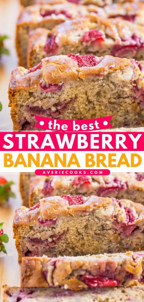 The Best Strawberry Banana Bread, quick bread recipes, breakfast ideas Strawberry Banana Bread Recipe, Strawberry Bread Recipes, Strawberry Banana Bread, Fresh Strawberry Recipes, Banana Dessert Recipes, Strawberry Bread, Averie Cooks, Banana Dessert, Banana Bread Recipe