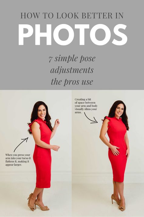 Want to look better in photos? It's all about learning how to pose! Here are 7 tips and tricks pro models, photographers, and bloggers use. These simple adjustments will help you feel more confident and love your images. Best Pose For Pictures Women, Posing For Formal Pictures, How To Pose In A Bodycon Dress, How To Pose Thinner In Pictures, How To Stand For Pictures In A Dress, Best Way To Pose For Pictures Standing, Posing Guide For Women Dress, Slim Photo Poses, Flattering Angles For Plus Size Photos