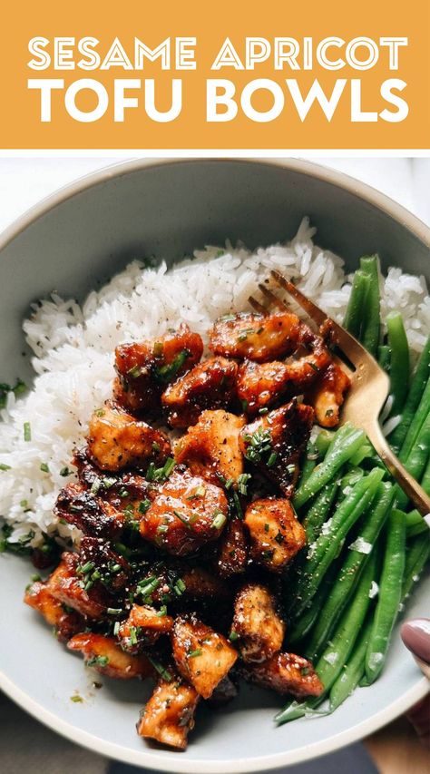 Torn-up tofu pan-fried into crispiness and made saucy, sticky, and sweet into this Sesame Apricot Tofu. An easy, simple vegetarian dinner that's deliciously saving my life! #tofu #vegetarian Meatless Meals Dinners, Simple Vegetarian Dinner, Sticky Tofu, Pinch Of Yum, Easy Vegetarian Dinner, Tofu Dishes, Tofu Recipe, Pickled Veggies, Tofu Recipes