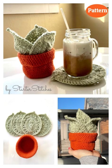 6 Surprise Plant Pot Coaster Set Crochet Patterns - Page 2 of 2 Unique Crochet Home Decor, Crochet Cactus Coasters Free Pattern, Crochet Leaf Coasters In Flower Pot, Crochet Gifts For Gardeners, Crochet Leaves Coaster, Flower Pot Coaster Crochet Pattern, Succulent Plant Pot Coaster Set Crochet Pattern, Crochet Coasters In A Pot, Plant Coaster Crochet Pattern