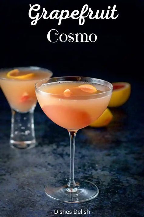 The robust flavors of the grapefruit juice combined with the taste of the premium vodka and Cointreau make this ruby red grapefruit cosmo is so delicious that it will be a big hit at your next party! #cosmo #grapefruitcosmo #grapefruit #dishesdelish Glace Fruit, Cosmo Recipe, Cosmo Cocktail, Grapefruit Vodka, Cocktail Vodka, Grapefruit Cocktail, Ruby Red Grapefruit, Premium Vodka, Nutrition Drinks