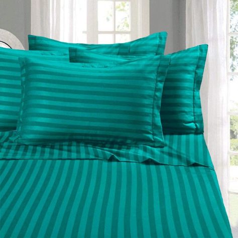 Peacock Blue Bedroom, Striped Bed, Striped Bed Sheets, Silk Bed Sheets, Silk Bed, Premium Hotel, Striped Bedding, Luxurious Bed, Percale Sheets