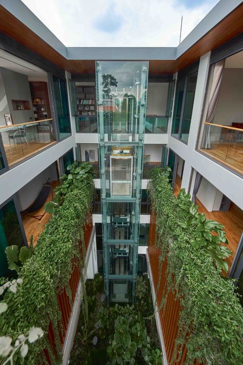 Home Tour: A Nature-Inspired Abode With Lush Green Terraces | Tatler Singapore Small Atrium, Japanese Courtyard House Plans, Japanese Courtyard House, Outdoor Elevator, Green Courtyard, Japanese Courtyard, Green Terrace, Urban Design Graphics, Elevator Design