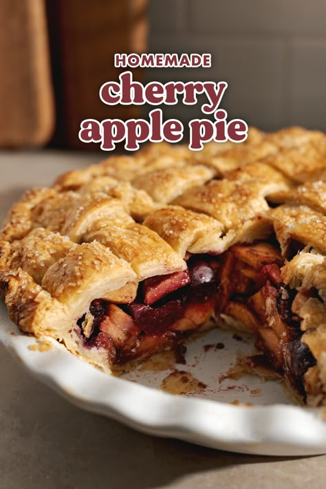 This cherry apple pie is made with a crispy and flaky pie crust and a juicy cherry and apple filling. It's the perfect pie to make during the Fall season! #applepie #pie #cherry #fallbaking #baking | teakandthyme.com Cherry Apple Pie Recipe, Cherry Apple Pie, Mini Farms, Cherry Pie Recipe, Spiced Chai, Pie Filling Recipes, Classic Apple Pie, Cherry Apple, Chai Recipe